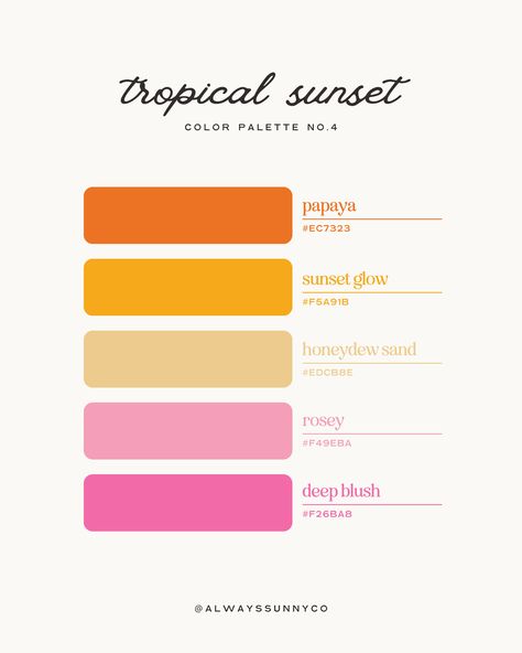 Bright, sunny and pink color palette by @alwayssunnyco Modern Classroom Decor, Sunset Color Palette, Pink Color Palette, Pantone Colour Palettes, Color Sheets, Modern Classroom, Sunset Color, Hex Color Palette, Tropical Sunset