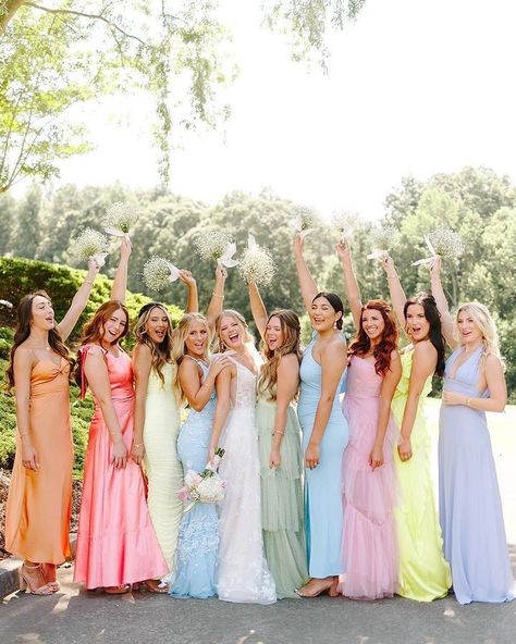 Spring Wedding Bridesmaids Dresses Different Colors, Colorful Spring Bridesmaid Dresses, Colorful Wedding Bridesmaids Dress Ideas, Colorful Spring Wedding Bridesmaids, Spring Wedding Colors Bridesmaid Dress, Wildflower Themed Wedding Bridesmaid Dresses, Wild Flower Wedding Theme Bridesmaid, Pastel Wedding Bridesmaids Dresses, Spring Mismatched Bridesmaid Dresses