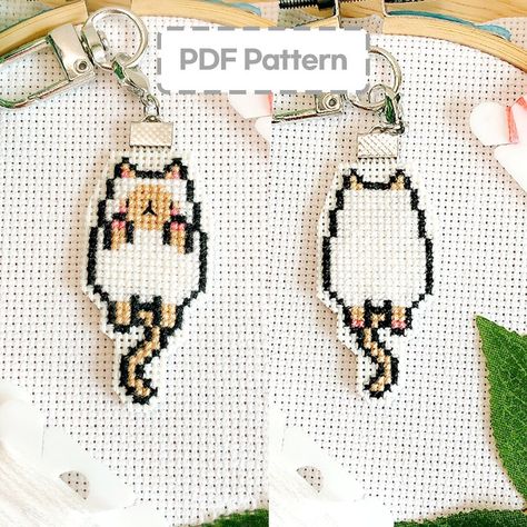 Cross Stitch Bookmark Patterns, Cross Stitch Keychain, Stitch Kawaii, Cross Stitch Mini, Beginner Cross Stitch, Bookmark Cross Stitch, Jumping Cat, Kawaii Cross Stitch, Butterfly Cross Stitch Pattern