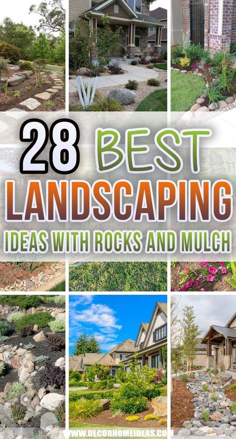 Best Front Yard Landscaping Ideas With Rocks And Mulch. These front yard landscaping ideas with rocks and mulch will help you build an inexpensive landscape around your house and boost your curb appeal. #decorhomeideas Front Yard Landscaping Design Ideas With Rocks, Landscaping With Flat Rocks, Front Yard Landscaping With Mulch And Rocks, Simple Front Yard Landscaping Ideas With Rocks, Landscaping With Rocks Border, Inexpensive Front Yard Landscaping Diy, All Rock Front Yard Landscaping Ideas, Mulch And Stone Landscaping Ideas, Front Yard Landscaping Design Ideas Modern