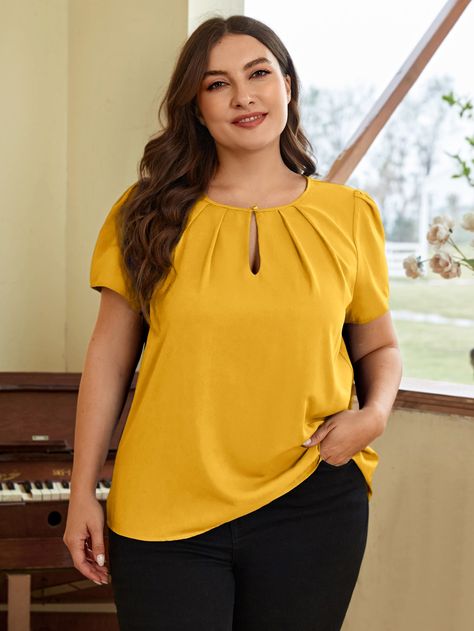 Yellow Casual Collar Short Sleeve Woven Fabric Plain Top Embellished Non-Stretch  Women Plus Clothing Casual Chiffon Blouse, Womens Skirt Suits, Womens Tops Dressy, Keyhole Neck, Cute Blouses, Yellow Blouse, Plain Tops, Plus Size Blouses, Blouse Styles