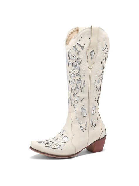 White  Collar   Geometric  Embellished   Women Shoes Cowgirl Shoes, Cowgirl Boots Wedding, Knee High Cowboy Boots, Girl Uggs, Cowboy Boots For Women, Western Shoes, Rider Boots, Shoes Big, Wedding Boots