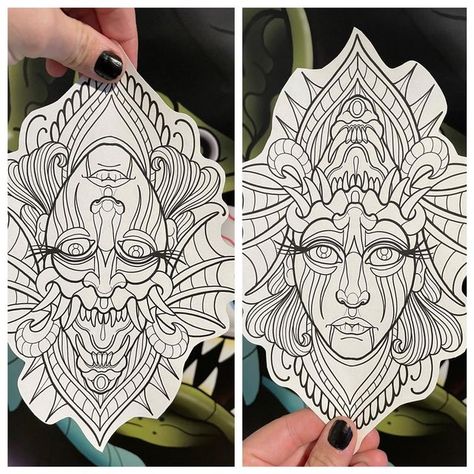 Rob Adams on Instagram: "***UP FOR GRABS*** One sic design 2 ways!!! $500 Flat rate color or black and grey DM or EMAIL to book in! #upforgrabs #upforgrabstattoo #upforgrabscalgary #neotraditional #ladyface #demonface." Neo Traditional Tattoos Black, Traditional Tattoos Black And Grey, Traditional Tattoos Black, Neo Traditional Tattoos, Old Scool, Geometric Mandala Tattoo, Geometric Mandala, Traditional Tattoos, Painting Inspo