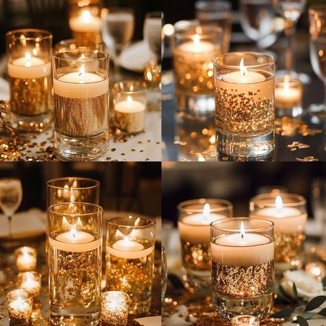 Elegant Floating Candle Wedding Centerpieces: Ideas & Tips to Wow Guests - Yeah Weddings Floral And Candle Centerpiece Wedding Round Table, Wedding Centerpiece Floating Candles, Votive Candle Centerpieces Wedding, Floating Candles Wedding Centerpieces, Gold Floating Candles, Wedding Candle Centerpieces, Candle Votive Centerpiece, Submerged Flowers, Wedding Centerpieces Ideas