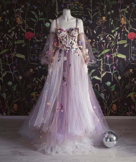 Lavender Mousse | Etsy Lavender Mousse, Floral Formal Gown, Spring Flower Field, Prom Dresses Floral, Unique Dress Design, Purple Tulle, Ethereal Dress, Detachable Sleeves, Tulle Evening Dress