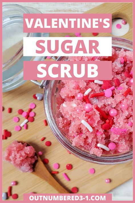 Valentines Sugar Scrub, Valentine Sugar Scrub Diy, Easy Diy Sugar Scrub, Valentines Bath, Sugar Body Scrub Diy, Scrub Bars, Valentine's Diy, Scrub Recipe Diy, Diy Sugar Scrub