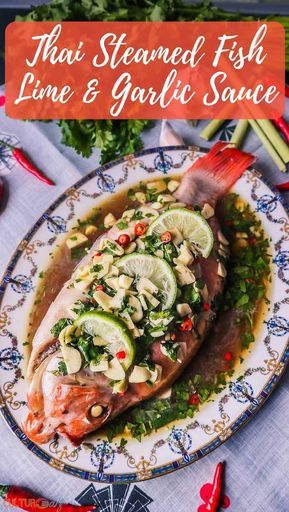 Thai Steamed Fish Recipe with Lime and Garlic Sauce. Do you know how to steam a whole fish? Let me show you how in my latest post. Get the recipe here https://cultureatz.com/thai-steamed-fish-recipe-lime-garlic-sauce #Thai #Steamed #Fish #Recipe #steamedfish #lime #Garlic #Sauce #wholefish #thailand Thai Steamed Fish, Thai Fish Recipe, Steamed Fish Recipes, Whole Fish Recipes, Whole Fish, Lime Recipes, Molluscs, Steamed Fish, Thai Cooking