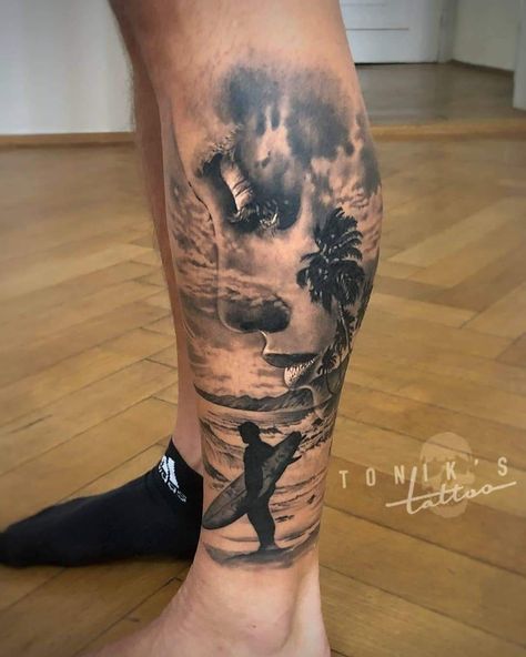 Walk In Tattoo Ideas Men, Black And Gray Tattoo Ideas, Beach Arm Tattoos For Women, Calf Tattoo Sleeve, Surfer Tattoo Men, Beach Tattoo For Men, Inner Leg Tattoo, Surfer Tattoo Ideas, Tattoos Calf