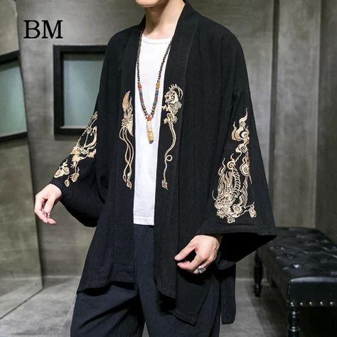 Mens Tailoring, Japanese Coat, Men Kimono, Gilet Kimono, Kimono Traditional, Traditional Japanese Kimono, Male Kimono, Embroidered Kimono, Embroidered Cardigan