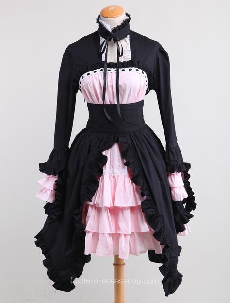 Black and Pink Splicing Bow Stand Collar Gothic Lolita Dress Pink Goth, Lolita Outfits, Goth Dress, Maid Dress, Gothic Dress, Japanese Street Fashion, Sweet Lolita, Gothic Outfits, Black And Pink