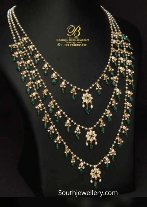 22k layered pearl necklace adorned with pearls, uncut diamonds and emerald beads by Boorugu Bros jewellers. Layered Pearl Necklace, Gold Necklace Indian, Jewellery Bridal, Pearl Jewelry Design, Gold Jewelry Simple Necklace, Jewellery Wedding, Pearl Necklace Designs, Gold Necklace Indian Bridal Jewelry, Beaded Necklace Designs