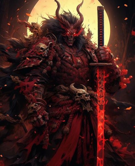 Vampire Samurai Art, Oni Fantasy Art, Oni Concept Art, Demonic Samurai, Dnd Samurai, Halloween Character Ideas, Evil Samurai, Oni Warrior, Undead Samurai