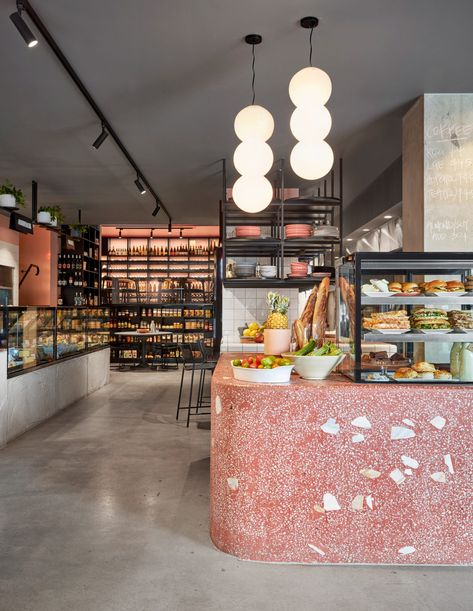 Interiors of Hunter & Co Deli in Melbourne, designed by Mim Design Greenhouse Sanctuary, Boutique Patisserie, Deli Shop, Mim Design, Minimalist Shelves, Meat Shop, Quirky Decor, Cafe Ideas, Coffee Shop Design