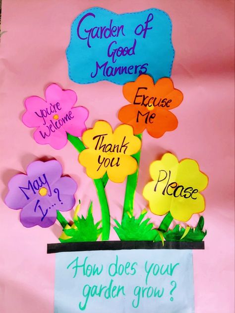 Ecd Classroom Decorations, Courtesy Words Display Ideas, Nursery Class Decoration Classroom Decor, Garden Of Good Manners, Good Manners Chart, Creative Charts For Classroom Ideas, Color Activities Preschool, Nursery Class Decoration, Manners Chart