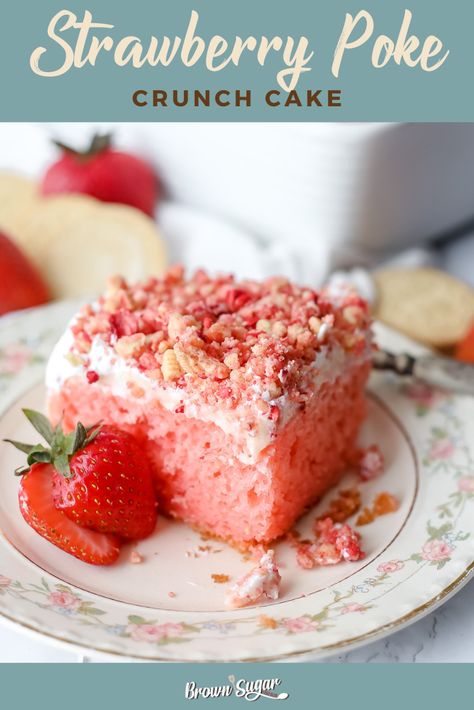 This Strawberry Crunch Poke Cake is giving me major dessert cravings! :heart_eyes: I can't wait to try making this for my next family get-together. The crushed vanilla cookie crumble sounds like the perfect finishing touch! :strawberry::cake::ok_hand: #yum #strawberrylove Strawberry Crunch Poke Cake, Strawberry Crunch Cake, Strawberry Poke Cakes, Dessert Cravings, Strawberry Crunch, Cookie Crumble, Almond Crunch, Strawberry Cake Mix, Crunch Cake