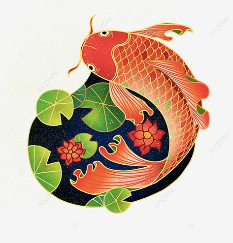 Carp Illustration, Pond With Fish, Koi Fish Illustration, Red Carp, Common Carp, Illustration Elements, Leaf Png, Koi Watercolor, Lotus Pond