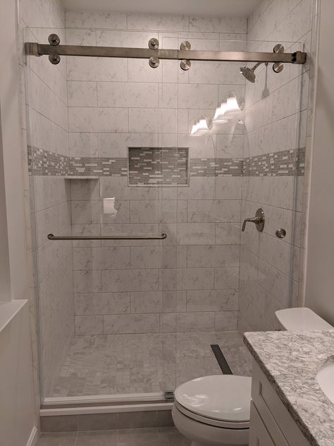 Walk In Shower Ideas With Bathtub, Farmhouse Shower Doors Walk In, Slide Door Shower Ideas, Walk In Showers With Glass Doors, Walk In Shower With Niche, Bathroom With Standing Shower Ideas, Glass Door Shower Walk In, Rolling Shower Glass Door, Replace Tub With Walk In Shower Ideas Small Bathroom