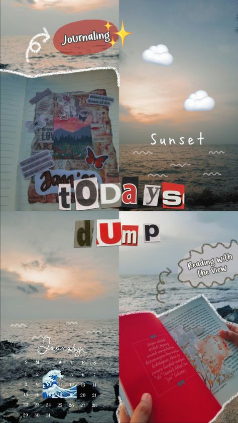 [15th January 2023] Todays dump : journaling, menikmati sunset, dan baca buku. What an enjoyful moment. #typography #coretcoret #journaling #sunset Today Dump, Modern Layout, Graphic Design Infographic, Design Infographic, Typography Poster Design, January 2023, Ibis Paint, Story Ideas, Typography Poster