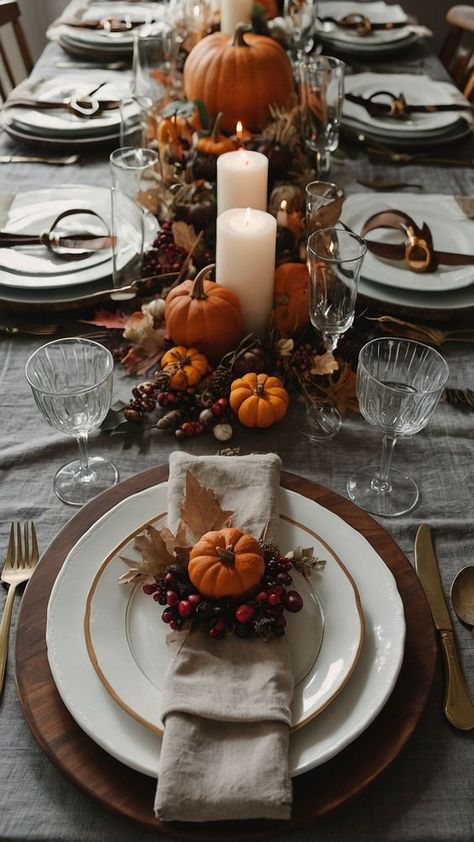 Thanksgiving Rustic Table Setting, Table Basket Decor Ideas, Fall Decorations For Dining Room Table, Fall Decor Ideas For Dining Table, Fall Dining Room Centerpiece, Pumpkin Arrangements Front Porches, Southern Fall Decor, Fall Kitchen Table Centerpieces, Classy Fall Decorations