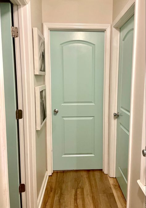 House Doors Colors Interior, Turquoise Doors Interior, Blue Interior Doors White Trim, Teal Doors Interior, Light Blue Interior Doors, Door Color Ideas Interior, Teal Interior Doors, Blue Doors Interior, Door Colours Ideas Paint Colors