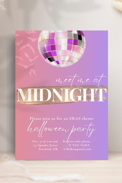 This invite has a purple and pink gradient background. At the top is a big, silver disco ball (mirrorball). In the upper lefthand corner is a flock of pink bats. Over this scene are written the words "Meet me at midnight," in reference to the Taylor Swift song, along with details for a Halloween party. Under the word "midnight" is a dash of glittery pink, to emphasize the word. Eras Tour Costumes, Taylor Swift Invitations, Bejeweled Party, Tour Costumes, Taylor Swift Mirrorball, 22 Bday, Imagenes Aesthetic, Taylor Swift Birthday Party Ideas, Meet Me At Midnight