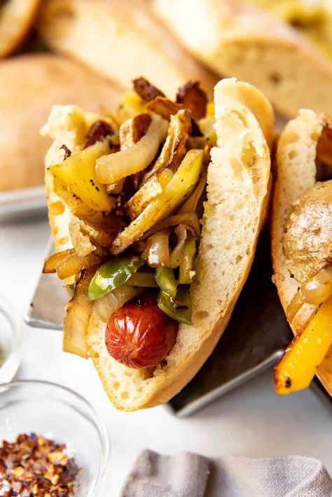 Italian Hotdogs, Recipes With Hotdogs, Peppers Onions And Potatoes, Homemade Pizza Bread, Italian Hot Dog, Cooking Peppers, How To Cook Brats, Creative Sandwich, Beer Brats