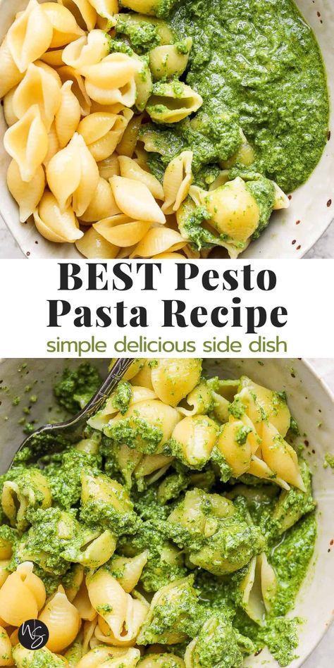 Our Pesto Pasta recipe is simple, delicious, and made with just a few fresh ingredients whose flavors compliment each other in the best way. Serve this easy pesto pasta recipe with grilled chicken, shrimp, or salmon to make it a delicious main course or robust side dish. Scallop Pesto Pasta, Salmon Pesto Pasta, Paleo Seafood Recipes, Easy Pesto Pasta, Scallop Pasta, Dairy Free Pesto, Homemade Pesto Sauce, Seafood Recipes Healthy, Pesto Pasta Recipes