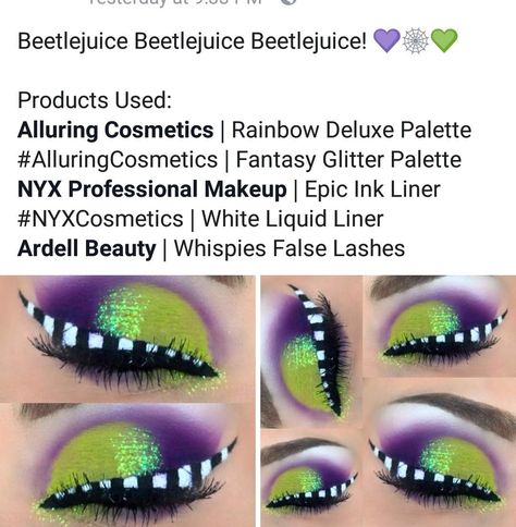 Beetle Juice Eyeshadow, Beatle Juice Make Up Simple, Kids Beetlejuice Makeup, Beetlejuice Themed Makeup, Beetlejuice Themed Outfits, Beetlejuice Glam Makeup, Beatle Juice Make Up, Beetlejuice Eyeliner, Glam Beetlejuice Makeup