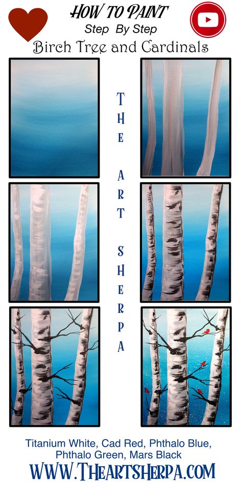 Paint Birch Trees, Winter Birch Trees, The Art Sherpa, Winter Birds, Canvas Diy, Canvas Painting Tutorials, Acrylic Painting For Beginners, Painting Art Lesson, Seni Cat Air