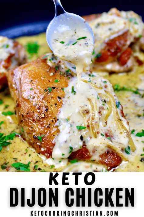 Creamy Dijon Chicken Thighs - Keto Cooking Christian Creamy Dijon Chicken, Dijon Chicken Thighs, Creamy Dijon Sauce, Pan Seared Chicken Thighs, Keto Chicken Thighs, 7 Layer Bars, Creamy Dijon, Keto Chicken Thigh Recipes, Dijon Sauce