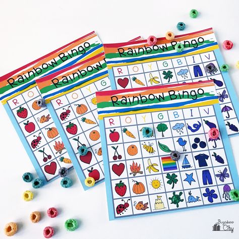 Free Rainbow Bingo Printable Set Storytime Activities, Free Printable Rainbow, Rainbow Lessons, Rainbow Games, Mermaid School, English Center, Weather Lessons, Bugs Preschool, Rainbow Unicorn Party