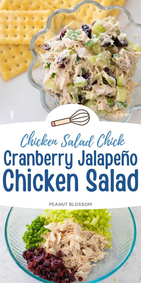 The best Copycat Chicken Salad Chick recipe for cranberry jalapeño chicken salad. You can make this seasonal holiday recipe any time of year at home. Sweet cranberries, spicy jalapeños, and the best chicken salad dressing you've ever had tastes great on a bed of lettuce or served with butter crackers. Chicken Salad Chick Deck The Holly, Chicken Salad Chick Copycat Recipes Jalepeno Holly, Cranberry Chicken Salad Sandwich, Cranberry Kelli Chicken Salad Chick, Chicken Salad With Jalapenos, Asian Cranberry Chicken Salad, Cranberry Jalapeño Chicken Salad, Jalapeno Holly Chicken Salad Chick, Jalapeño Chicken Salad