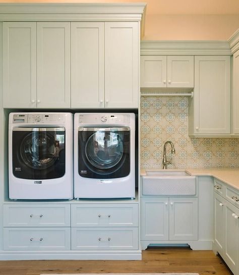 Built In Washer and Dryer Pedestal Platform, Cottage, Laundry Room, Benjamin Moore Hollingsworth Green Benjamin Moore Hollingsworth Green, Hollingsworth Green, Washer And Dryer Set, House Laundry Room, Home Paint Color, Pretty Tiles, Laundry Room/mud Room, White Laundry, Dream Laundry Room