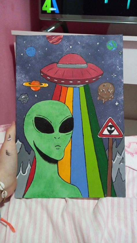 Dwarings Art, Pisces Painting Easy, Positive Art Painting, Amazing Painting Ideas, Alien Painting, Trippy Painting, Posca Art, Canvas Drawing, Hippie Painting