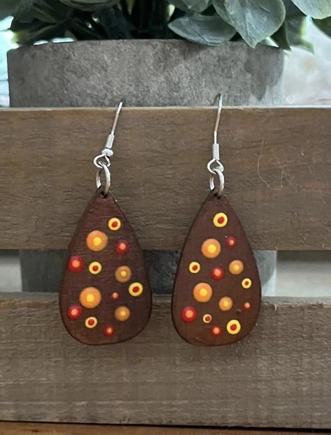 Dot Provoking - Handcrafted Dot Jewelry | FOR SALE: Fall-themed dot earrings, hand-painted wooden teardrop 1.5 inch Dot Painting Earrings, Painting Earrings, Dot Earrings, Painted Jewelry, Jewelry For Sale, Hand Painted Jewelry, Dot Jewelry, Fall Earrings, Dot Design