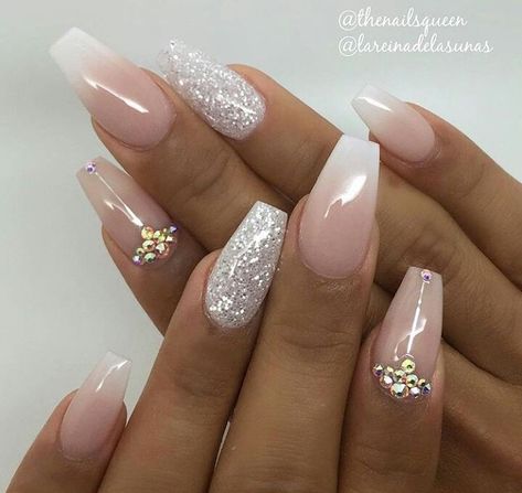 #Coffin #SilverGlitter #Nude #White #GoldStuds Colorful Nails, Wedding Nails For Bride, Wedding Nails Design, Super Nails, Nail Art Wedding, Bride Nails, Bridal Nails, Prom Nails, Accent Nails