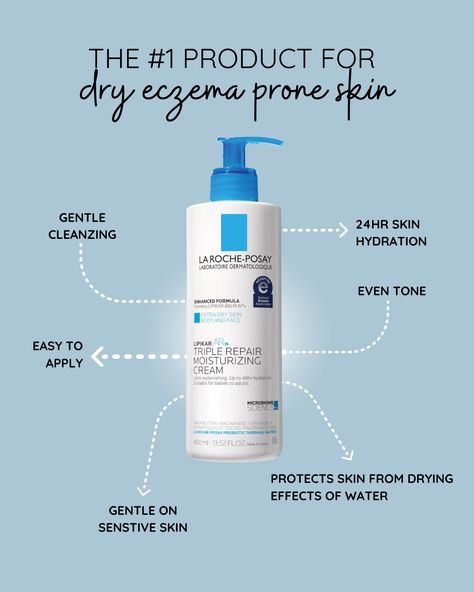 This is a graphic including the benefits of using La Roche Posay's Triple Repair Moisturizing Cream. Its gentle on skin, protects your skin from drying effects of water, is easy to apply, gentle on sensitive skin, and provides 24 hour hydration Moisturizing Cream Face, Body Lotion For Dry Skin, Patchy Skin, Skincare Guide, Hyaluronic Acid Moisturizer, Home Remedies For Skin, Skin Care Basics, Better Lifestyle, Routine Aesthetic