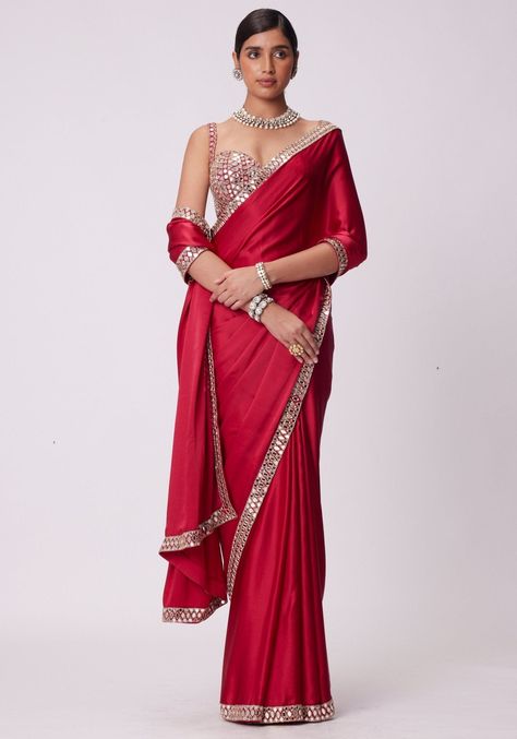 Red Satin Saree With Embroidered Mirror Blouse Vvani by Vani Vats - Fabilicious Fashion Red Satin Saree, Karwa Chauth Look, Embroidery Designs Saree, Brides Saree, Saree Designs For Wedding, Wedding Sarees For Bride, Satin Sari, Saree Designs Latest, Indian Saree Designs