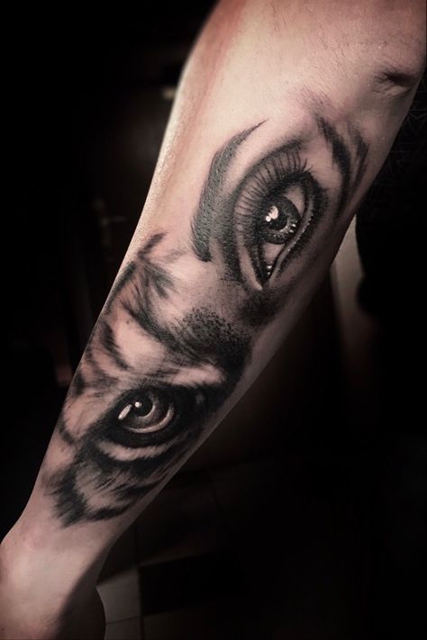 Lion Eyes Tattoo For Women, Gf Eyes Tattoo, Lion Eye Tattoo For Women, Lion Eyes Tattoo Forearm, Girlfriend Eyes Tattoo, Wolf Eye Tattoo, Eye Tattoo On Arm, Arm Cover Up Tattoos, Zwilling Tattoo