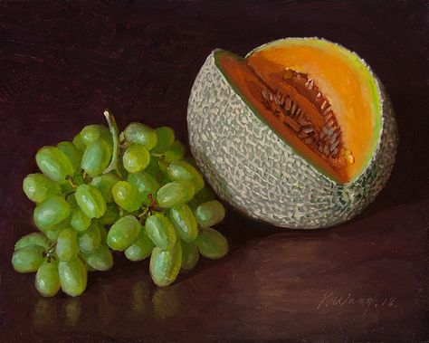 Grapes And Cantaloupe Cantaloupe Painting, Cantaloupe Drawing, Fruit Picture, Still Life Painting, Artsy Fartsy, Still Life, Grapes, Paintings, Fruit