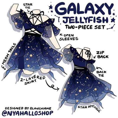 Cloths Ideas Drawings, Galaxy Dress Drawing, Irritated Expression, Character Clothing Ideas, Jellyfish Outfit, Animated Clothes, Dog Sewing Patterns, Art Outfits, Dress Design Drawing