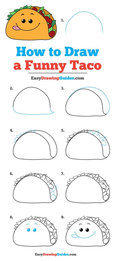 Learn How to Draw a Funny Taco: Easy Step-by-Step Drawing Tutorial for Kids and Beginners. #Funny #Taco #DrawingTutorial #EasyDrawing See the full tutorial at https://easydrawingguides.com/how-to-draw-a-funny-taco/. Draw Animals For Kids, Taco Drawing, Desenhos Love, Doodle Art For Beginners, Fruits Drawing, Drawing Tutorials For Beginners, Easy Drawing Tutorial, Drawing Tutorials For Kids, Drawing Tutorial Easy