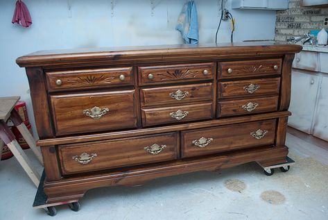 Making Dated Furniture Designs Disappear - Salvaged Inspirations 80s Dresser Makeover Before After, Painted Long Dresser, Restained Dresser, Chesser Dresser, 70s Dresser Makeover, 80s Dresser Makeover, Upcycled Furniture Dressers, Cherry Furniture Makeover, Update Dresser