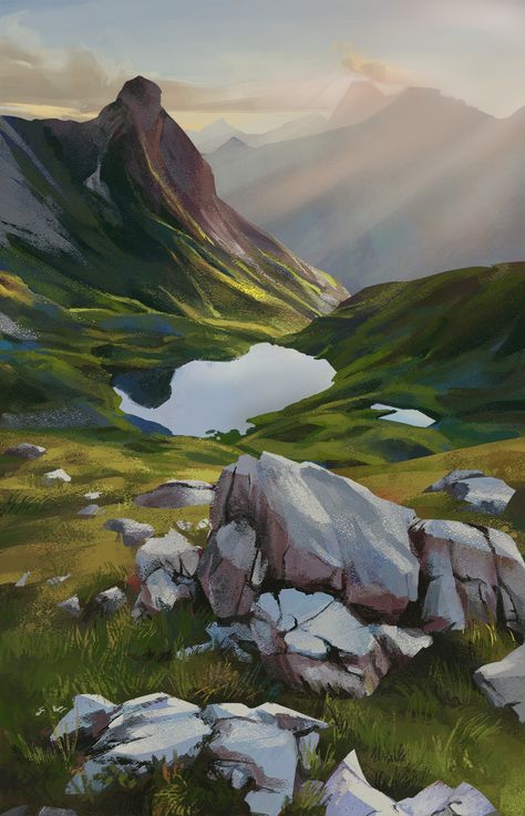 Study - Rocky Field (WIP), Nicole Gransitzki on ArtStation at https://www.artstation.com/artwork/lOJqJ Rocky Background Drawing, Rocky Environment Concept Art, Rocky Landscape Painting, Grassy Hill Drawing, A Field, Digital Landscape Art, Field Drawing, Mountains Illustration, Field Artwork