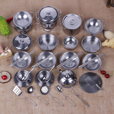 Diy Toy Kitchen Set For Kids, Kitchen Set For Kids, Kitchen Sets For Kids, Toy Kitchen Set, Kitchen Cookware Sets, Kitchen Toys, Cooking Set, Mini Kitchen, Stainless Steel Cookware