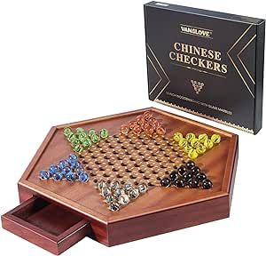 VAMSLOVE Chinese Checkers 15" Large Upgraded Version Wooden Game Board, 16mm 60+12 Colorful Glass Marbles, Easy Grasping for Adults and Kids, w/Storage Drawer, Fun for Family Gathering Chinese Checkers Board, Checkers Board, Chinese Checkers, Wooden Games, Storage Drawer, Game Board, Glass Marbles, Fashion Toys, Hexagon Shape