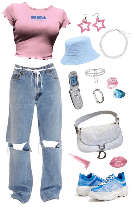 Y2k, Pink & Blue Outfit | ShopLook Y2k Aesthetic Outfits For School, Y2k Fashion Pink Baddie, Pink Blue Outfit Aesthetic, Retro Pink Outfits, Pink Y2k Outfit Layout, 2000s Fashion Blue, Pink Y2k Fits, Y2k Barbie Aesthetic Outfits, Pink Y2k Aesthetic Outfits