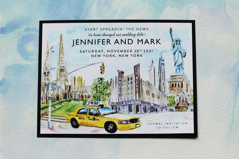 New York Theme Party, Hand Painted Invitations, Painted Invitations, Painted Wedding Invitation, Unique Wedding Stationery, Beach Theme Wedding Invitations, New York City Wedding, Paint Paper, Hand Painted Wedding