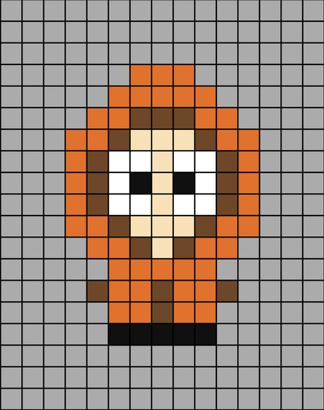 A small pixel art template of Kenny McCormick from South Park the cartoon program (show for Americans). Pixel Drawing South Park, South Park Pixel Art Grid, South Park Perler Bead Patterns, South Park Perler Beads, Pixel Art Grid Small, South Park Perler, Small Pixel Art Pattern, Small Pixel Art Ideas, Cartoon Pixel Art