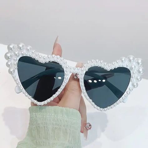 Pre order ~ DM us for further queries White Sunglasses Women, Pearl Frame, Bachelorette Party Sunglasses, Shades Glasses, Heart Glasses, White Sunglasses, Glasses Women, Heart Shaped Sunglasses, Clip On Sunglasses